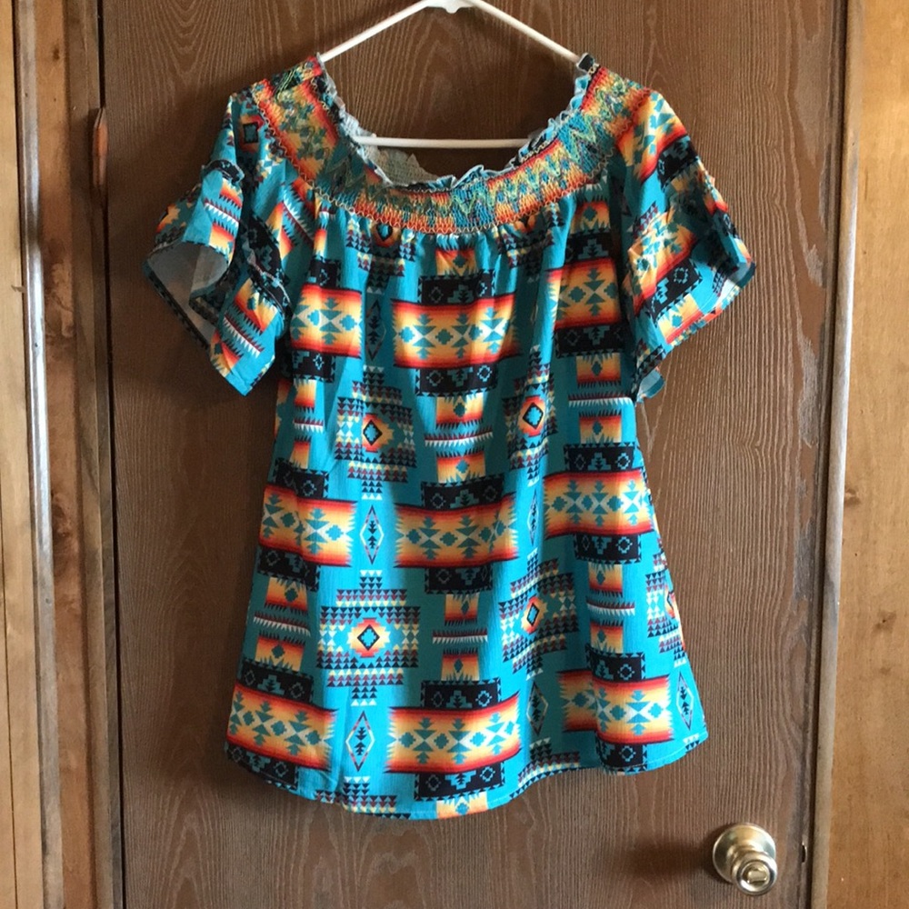 Turquoise Aztec Off Shoulder Top - Picture 3 of 3